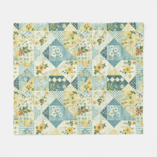 Blue Yellow Green Quilt Patchwork Gingham Floral Fleece Blanket