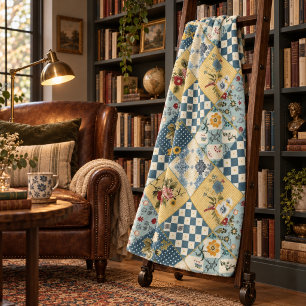 Blue Yellow Green Quilt Patchwork Gingham Floral Fleece Blanket