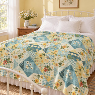 Blue Yellow Green Quilt Patchwork Gingham Floral Fleece Blanket