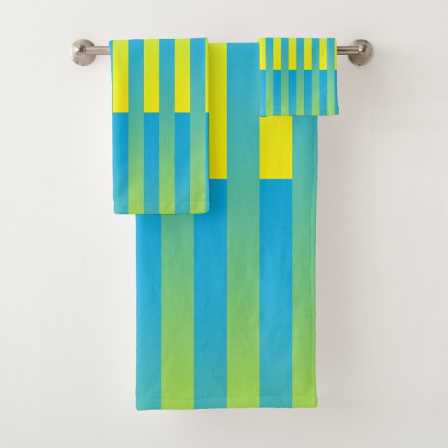 Blue Yellow Green Striped Pattern Bath Towel Set (Insitu)