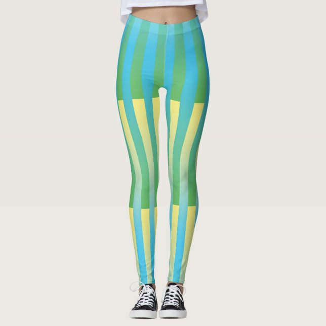 Blue Yellow Green Striped Pattern Leggings (Front)