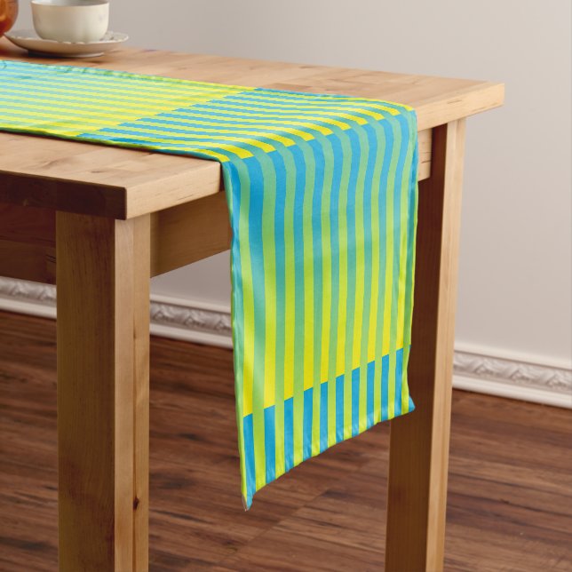 Blue Yellow Green Striped Pattern Short Table Runner (In Situ)
