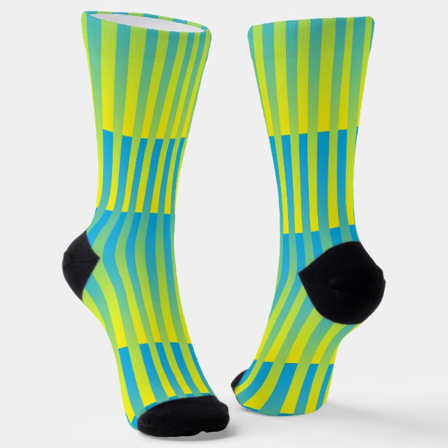 Blue Yellow Green Striped Pattern Socks (Angled)