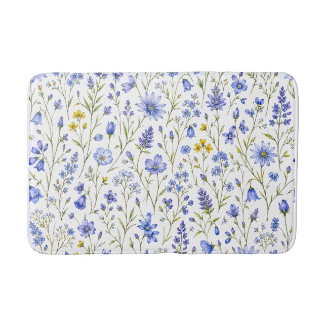 Blue Yellow Green Watercolor Wildflower Pattern Bath Mat (Front)