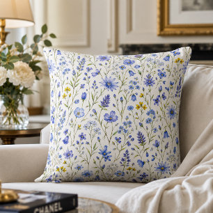 Blue Yellow Green Watercolor Wildflower Pattern Cushion
