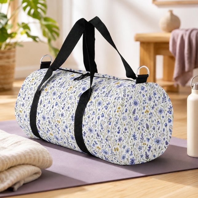 Blue Yellow Green Watercolor Wildflower Pattern Duffle Bag (Creator Uploaded)