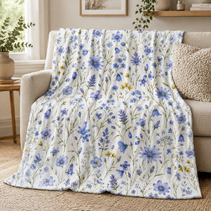 Blue Yellow Green Watercolor Wildflower Pattern Fleece Blanket