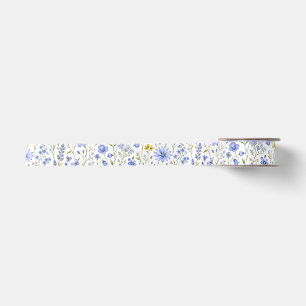 Blue Yellow Green Watercolor Wildflower Pattern Satin Ribbon