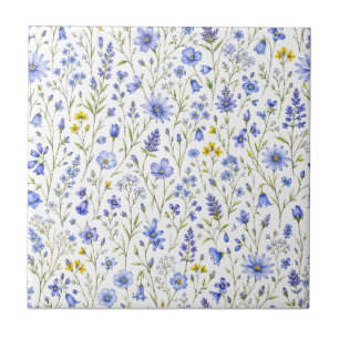 Blue Yellow Green Watercolor Wildflower Pattern Tile