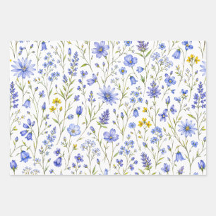 Blue Yellow Green Watercolor Wildflower Pattern Wrapping Paper Sheet