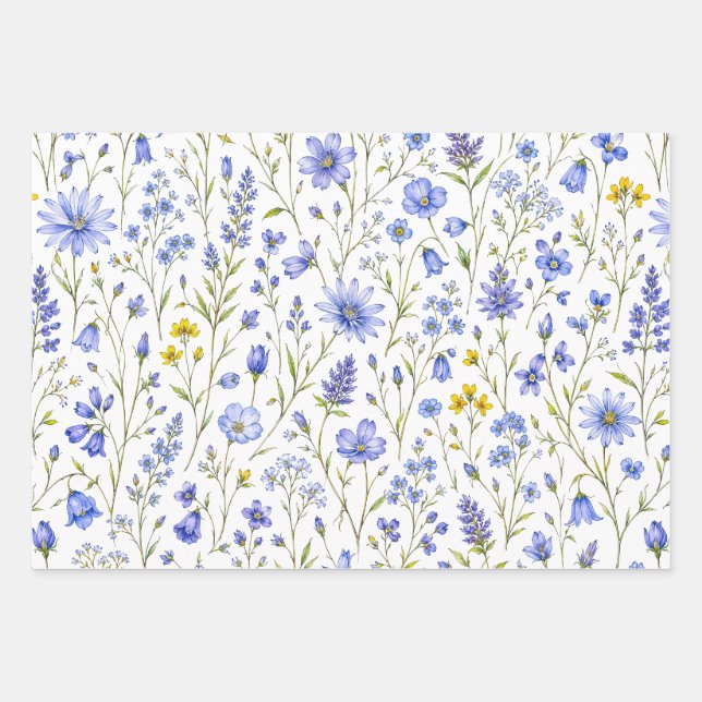 Blue Yellow Green Watercolor Wildflower Pattern Wrapping Paper Sheet (Front)