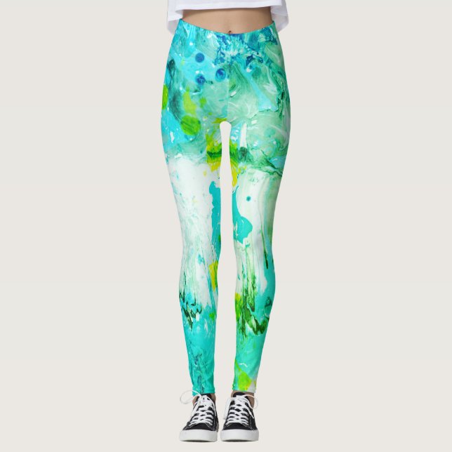 Blue Yellow Green White Modern Elegant Abstract Leggings (Front)