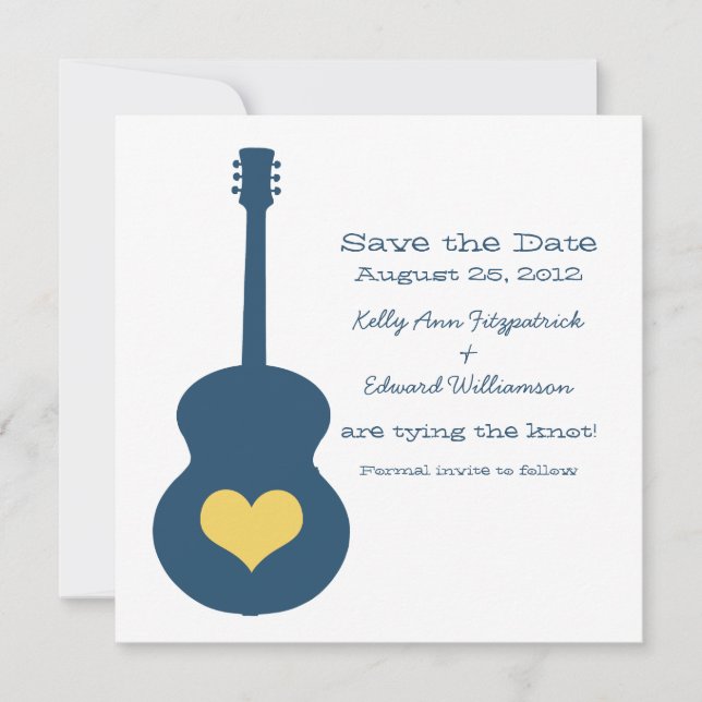 Blue/Yellow Guitar Heart Save the Date Invite (Front)