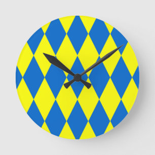 Blue Yellow Harlequin Checkered Design  Round Clock