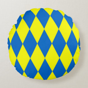 Blue Yellow Harlequin Checkered Design  Round Cushion
