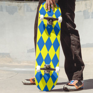 Blue Yellow Harlequin Checkered Design Skateboard