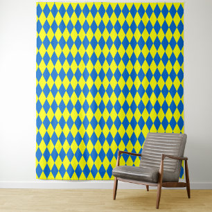 Blue Yellow Harlequin Checkered Design Tapestry