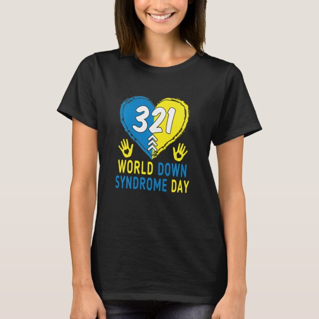 Blue Yellow Heart 21 World Down Syndrome Awareness T-Shirt (Front)