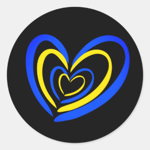 Blue & Yellow Hearts on Black Ukriane Inspirations Classic Round Sticker