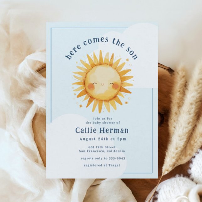 Blue Yellow Here Comes the Son Boy Baby Shower Invitation (Creator Uploaded)
