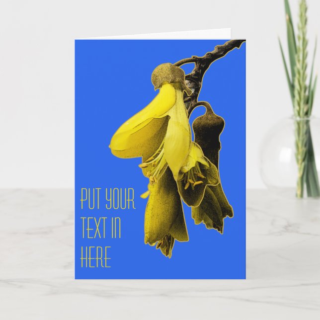 BLUE YELLOW KOWHAI FLOWER NZ KIWI CUSTOM GREETINGS CARD (Front)