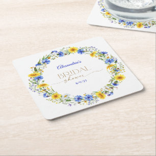 Blue Yellow Lavender Wildflower Wreath Square Paper Coaster