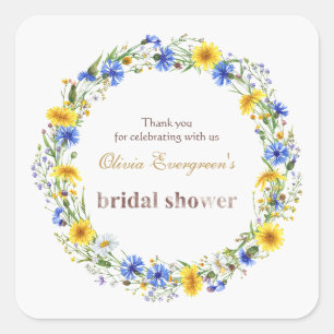 Blue Yellow Lavender Wildflower Wreath Square Sticker