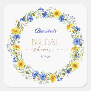 Blue Yellow Lavender Wildflower Wreath Square Sticker