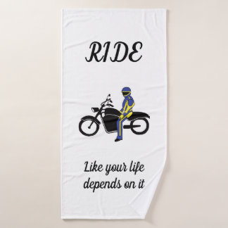 Blue & Yellow Leathers at a Motorcycle Race Bath Towel