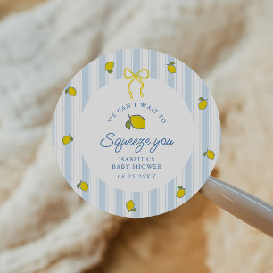 Blue & Yellow Lemon Bow Baby Shower Classic Round Sticker