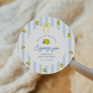Blue & Yellow Lemon Bow Baby Shower Classic Round Sticker