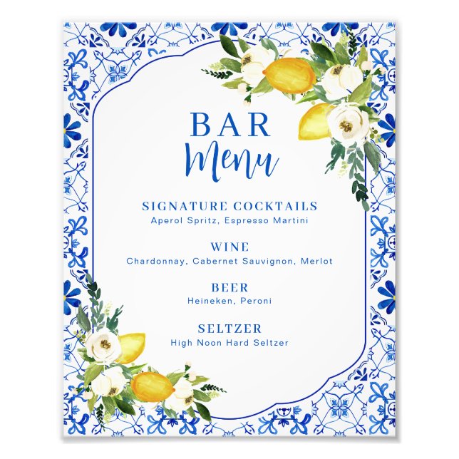 Blue Yellow Lemon Bridal Shower Bar Menu Sign (Front)