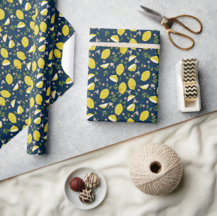 Blue yellow lemon fruit bright summer wrapping paper