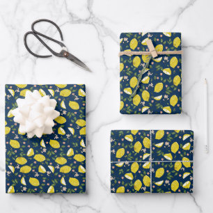Blue yellow lemon fruit bright summer wrapping paper sheet