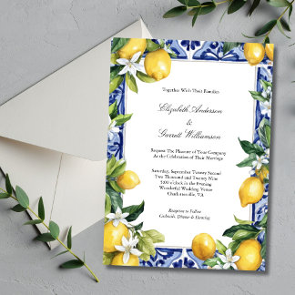 Blue Yellow Lemon Mediterranean Tile Wedding Invitation