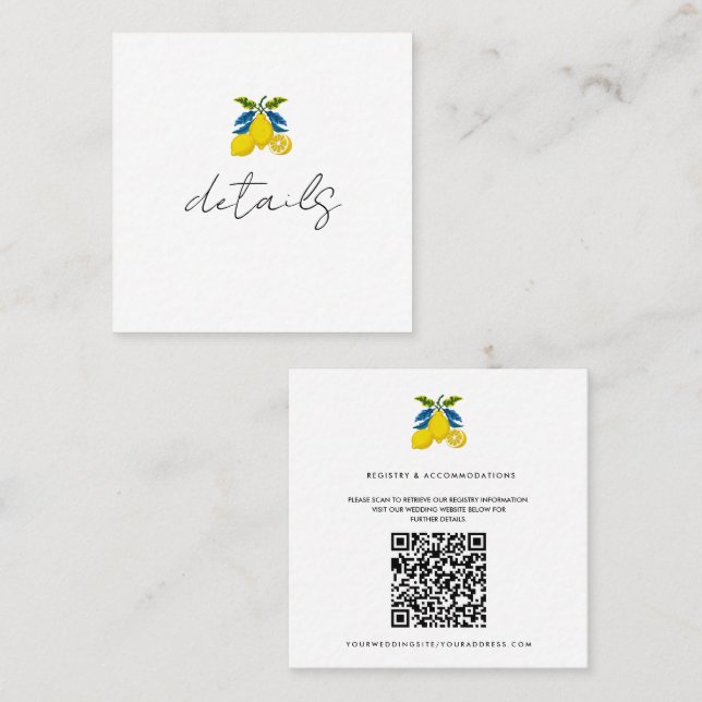 Blue Yellow Lemon Mediterranean Wedding Details Square Business Card (Front/Back)