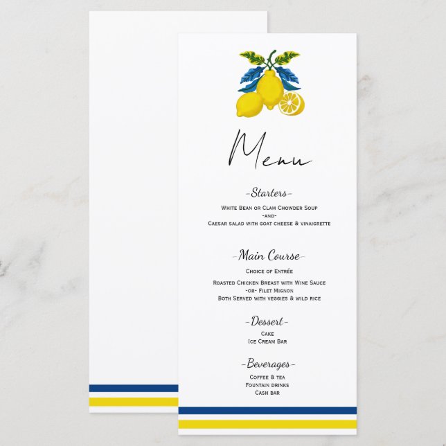 Blue Yellow Lemon Mediterranean Wedding Menu (Front/Back)