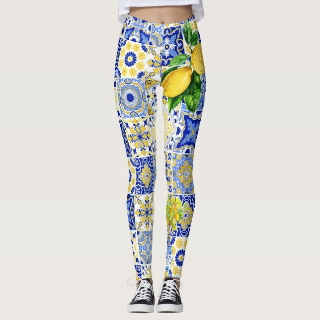 Blue & Yellow Lemon Tile Dolce Pattern Leggings (Front)