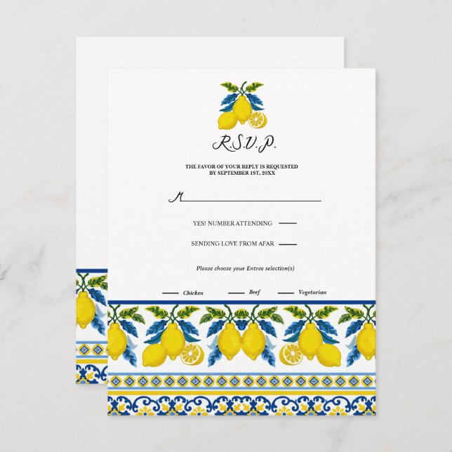 Blue Yellow Lemon Watercolor Mediterranean RSVP Invitation (Front/Back)