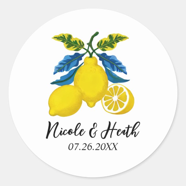 Blue Yellow Lemon Watercolor Mediterranean Wedding Classic Round Sticker (Front)