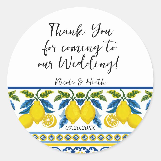 Blue Yellow Lemon Watercolor Mediterranean Wedding Classic Round Sticker (Front)