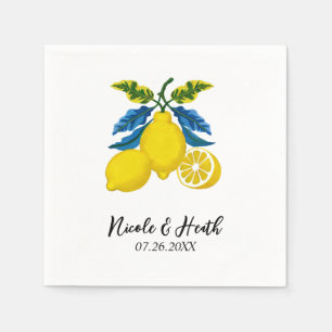 Blue Yellow Lemon Watercolor Mediterranean Wedding Napkin