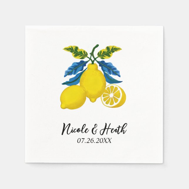 Blue Yellow Lemon Watercolor Mediterranean Wedding Napkin (Front)
