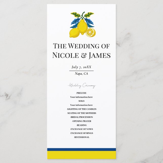 Blue Yellow Lemon Watercolor Mediterranean Wedding Programme (Front)
