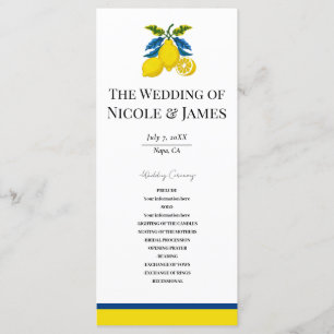 Blue Yellow Lemon Watercolor Mediterranean Wedding Programme