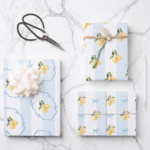 Blue Yellow Lemon Wrapping Paper Sheet Set of 3
