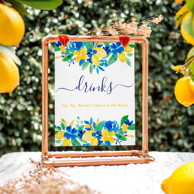 Blue yellow lemons floral drinks bridal shower poster (Blue yellow lemons floral drinks bridal shower poste)
