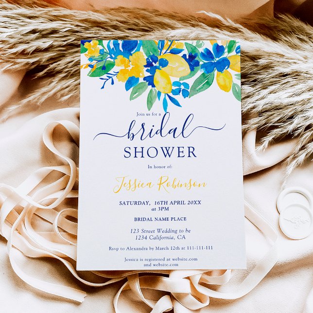 Blue yellow lemons floral watercolor bridal shower invitation (Creator Uploaded)