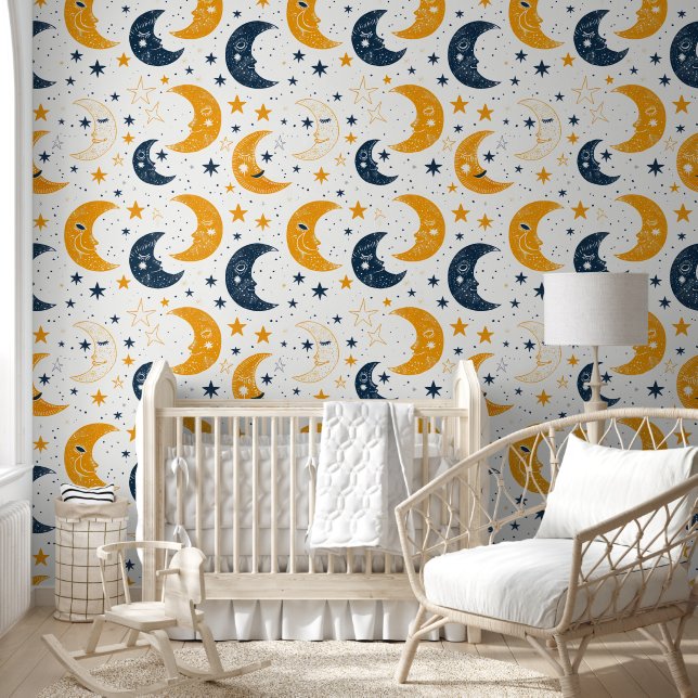 Blue Yellow Lullaby Moon and Stars Wallpaper (Kids)