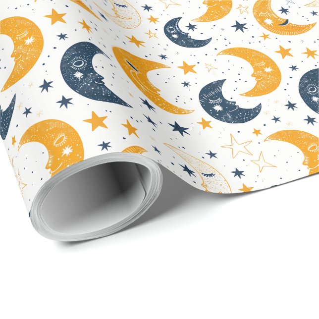 Blue Yellow Lullaby Moon and Stars Wrapping Paper (Roll Corner)